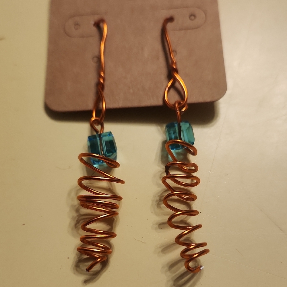 Artisan Copper and Teal Spiral Earrings